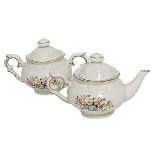 Vintage Miniature‎ Teapot & Sugar Bowl With Floral Accents & Gold Trim EUC